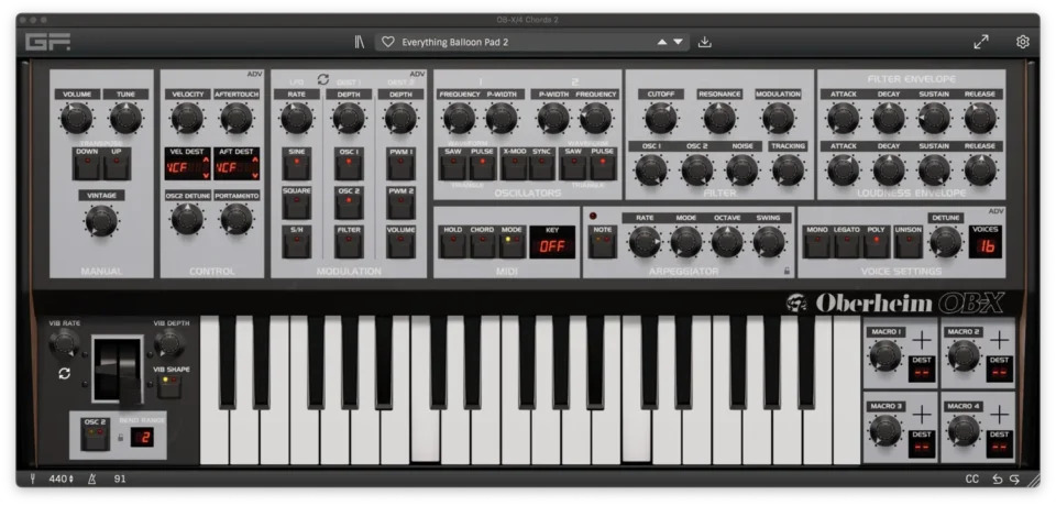 Vintage Oberheim OB-X synthesizer with control panel and keyboard.