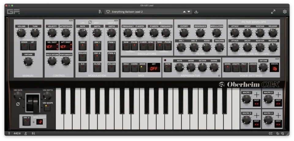 Vintage Oberheim OB-X synthesizer with control knobs and keyboard.