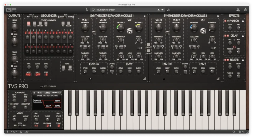 Digital synthesizer interface with sequencer and reverb controls.