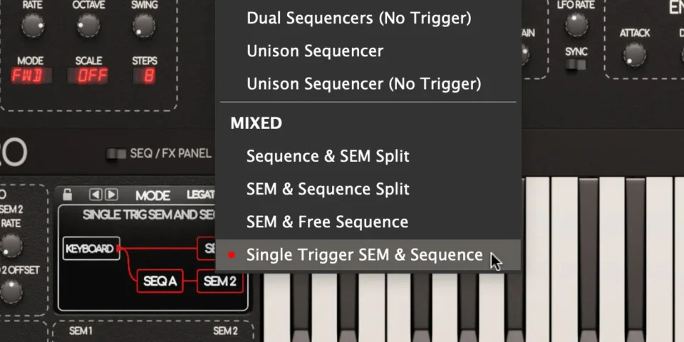 Music production interface showing sequencing options and reverb controls.