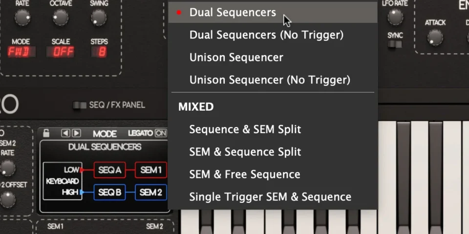 TVS Pro interface showing dual sequencers and reverb controls for music production.