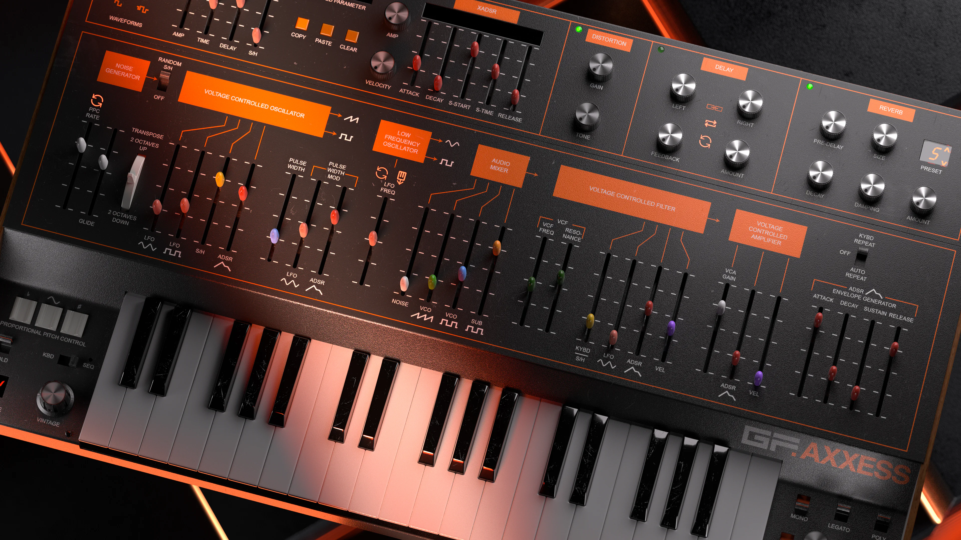 GForce Axxess synthesizer with controls for Lo-Fi trip-hop production.