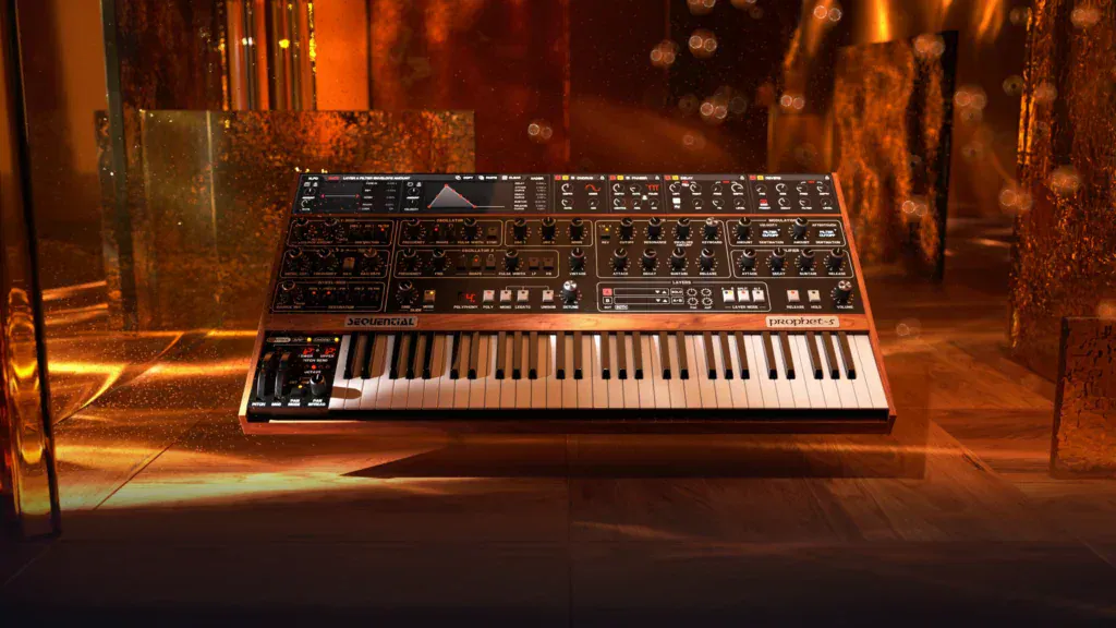 Korg Prologue synthesizer on display in a stylish, modern environment.