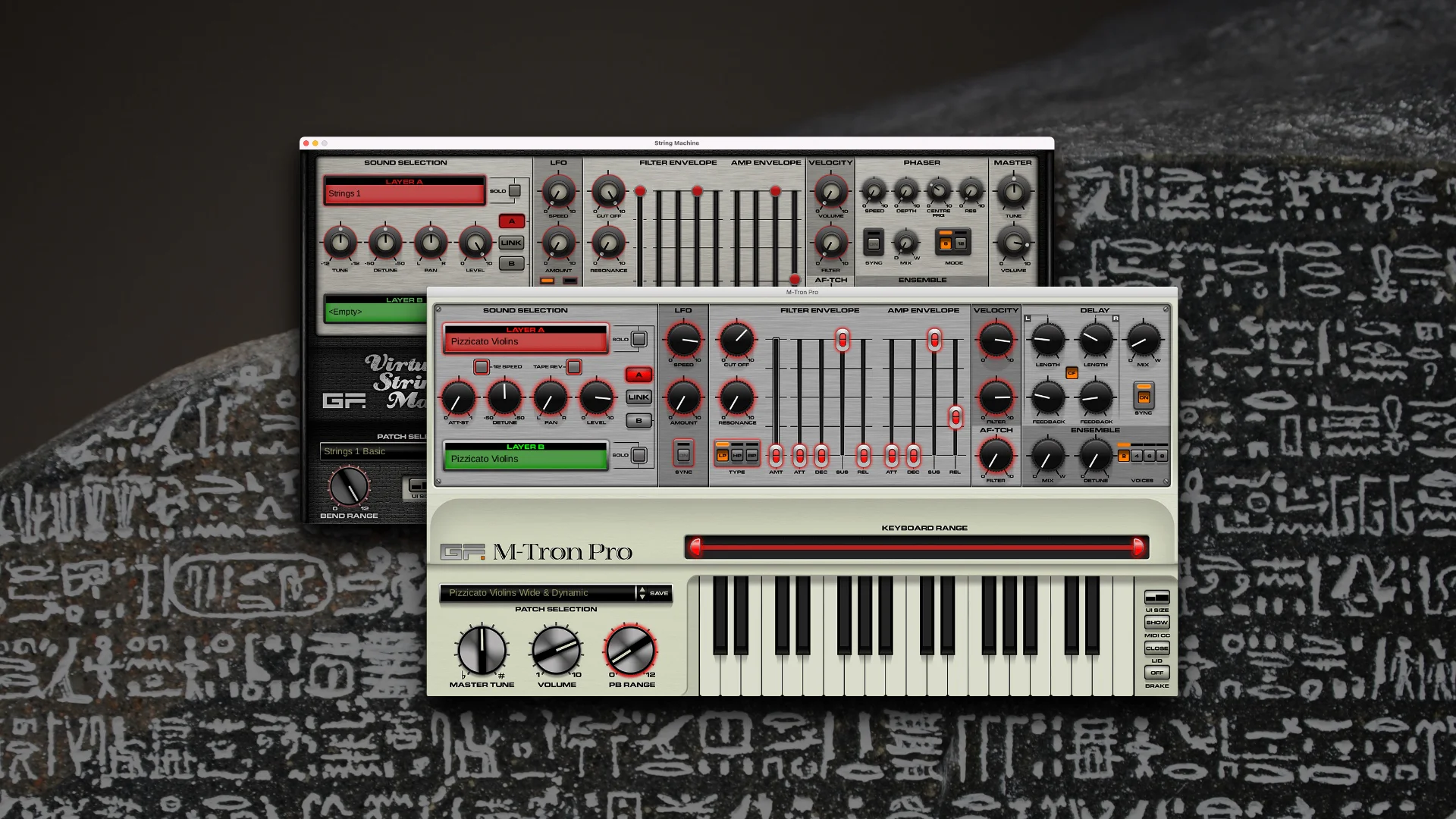 Screenshot of GForce Software M-Tron Pro and Virtual String virtual instruments.