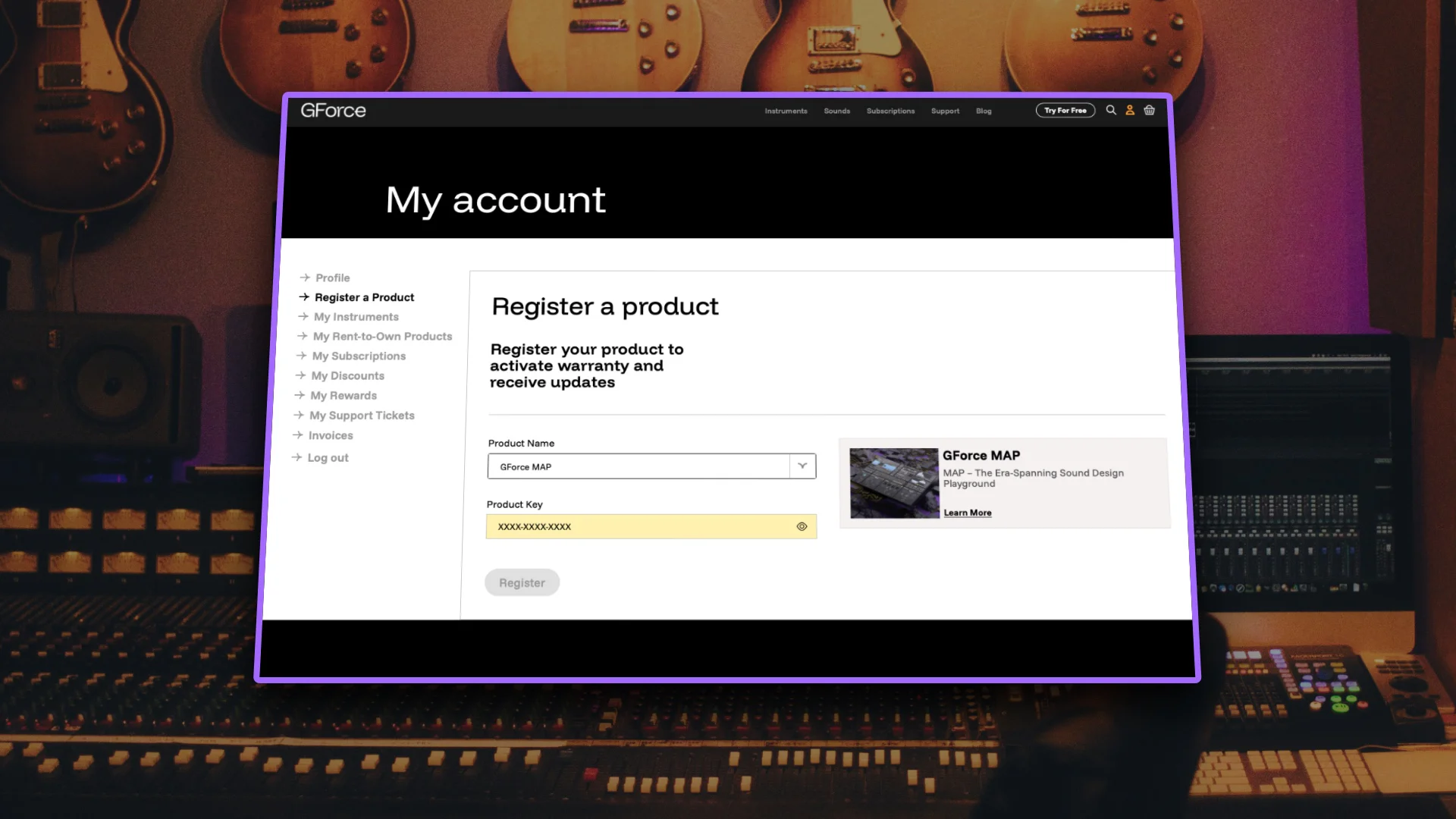 GForce Software registration page for product activation and warranty.