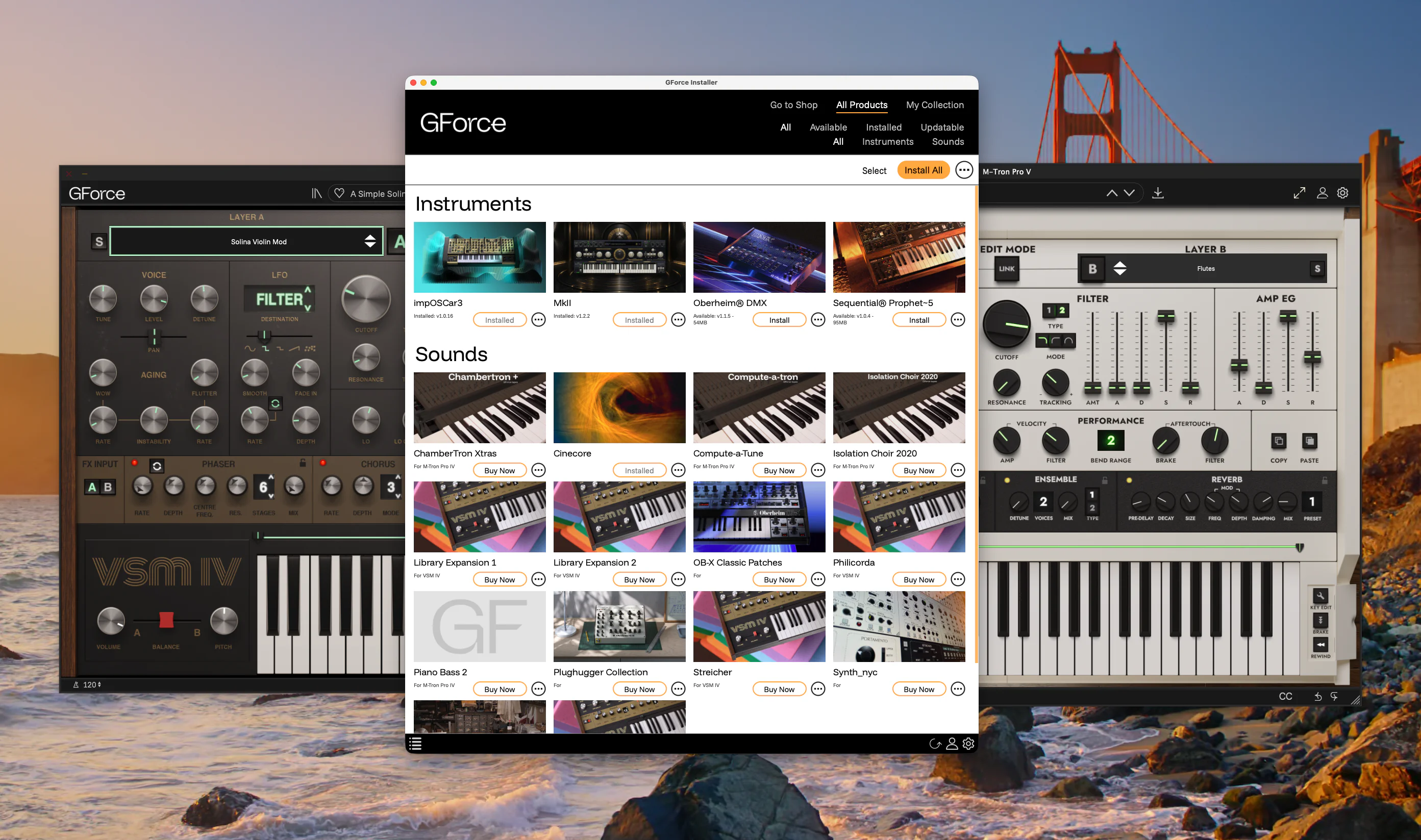 Screenshot of GForce Software's virtual instruments and sound library.
